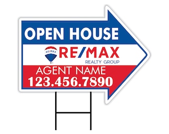 ReMax Open House Arrow Shaped Yard Signs 18" x 24", 2 Sided Coroplast Custom Real Estate Directional Yard Signs with Metal Stakes