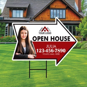 May include: A white and red arrow-shaped open house sign with a woman's photo, the text "OPEN HOUSE", and the name "JULIA" with a phone number and the text "YOUR E-MAIL HERE".