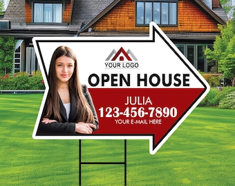 Custom Open House Arrow Yard Sign 18" x 24", 2 Sided Add Your Text, Logo, Photo Personalized Open House Directional Signs with Metal H-Stake
