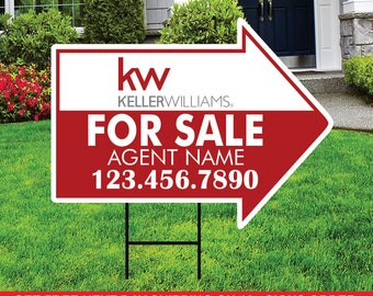 Keller Williams For Sale Arrow Shaped Yard Signs 18" x 24", 2 Sided Coroplast Custom Real Estate Directional Yard Signs with Metal Stakes