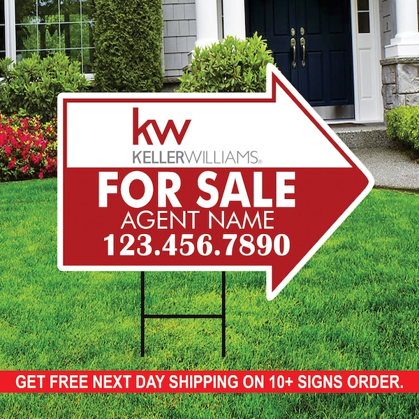 Keller Williams For Sale Arrow Shaped Yard Signs 18" x 24", 2 Sided Coroplast Custom Real Estate Directional Yard Signs with Metal Stakes