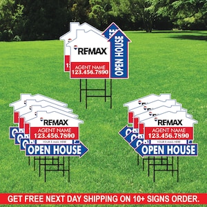 10 Pack Remax Custom Open House Arrow Yard Sign, 2 Sided Add Your Text, Logo, Photo Personalized Directional Signs with Metal H-Stake