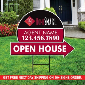 HomeSmart Open House Arrow Shaped Yard Signs 18&quot; x 24&quot;, 2 Sided Coroplast Custom Real Estate Directional Yard Signs with Metal Stakes
