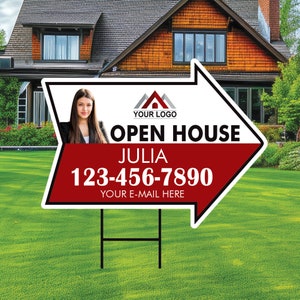 Custom Open House Arrow Yard Sign 18&quot; x 24&quot;, 2 Sided Add Your Text, Logo, Photo Personalized Open House Directional Signs with Metal H-Stake