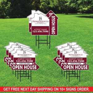 10 Pack HomeServices Custom Open House Arrow Yard Sign, 2 Sided Add Your Text Logo, Photo Personalized Directional Signs Metal H-Stake