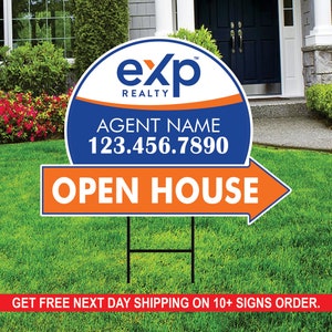 eXp Realty Open House Arrow Shaped Yard Signs 18&quot; x 24&quot;, 2 Sided Coroplast Custom Real Estate Directional Yard Signs with Metal Stakes