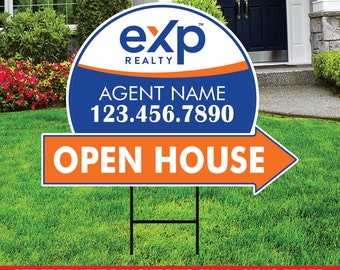 eXp Realty Open House Arrow Shaped Yard Signs 18" x 24", 2 Sided Coroplast Custom Real Estate Directional Yard Signs with Metal Stakes