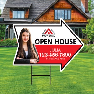 Custom Open House Arrow Yard Sign 18&quot; x 24&quot;, 2 Sided Add Your Text, Logo, Photo Personalized Open House Directional Signs with Metal H-Stake