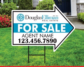 Douglas Elliman For Sale Arrow Shaped Yard Signs 18" x 24", 2 Sided Coroplast Custom Real Estate Directional Yard Signs with Metal Stakes