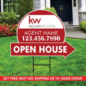 Keller Williams Open House Arrow Shaped Yard Signs 18&quot; x 24&quot;, 2 Sided Coroplast Custom Real Estate Directional Yard Signs with Metal Stakes