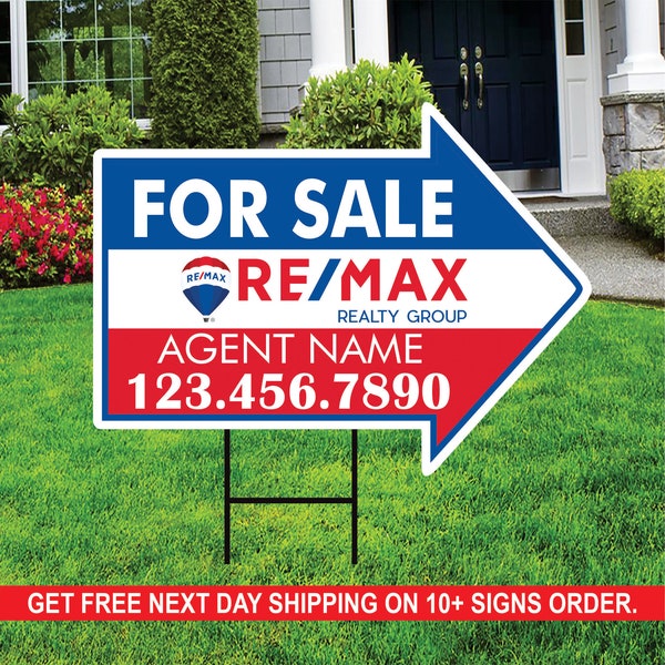 ReMax For Sale Arrow Shaped Yard Signs 18" x 24", 2 Sided Coroplast Custom Real Estate Directional Yard Signs with Metal Stakes