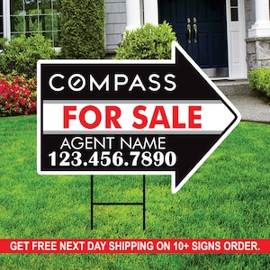 COMPASS For Sale Arrow Shaped Yard Signs 18&quot; x 24&quot;, 2 Sided Coroplast Custom Real Estate Directional Yard Signs with Metal Stakes