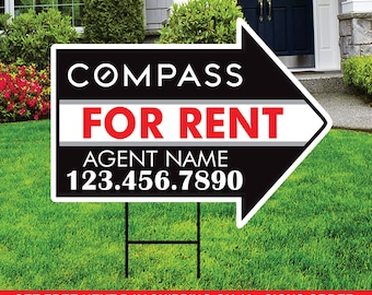 COMPASS For Rent Arrow Shaped Yard Signs 18" x 24", 2 Sided Coroplast Custom Real Estate Directional Yard Signs with Metal Stakes