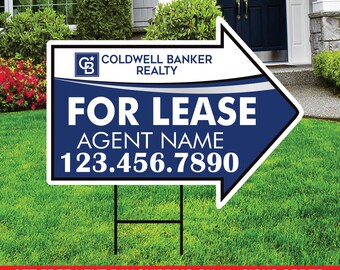 Coldwell Banker For Lease Arrow Shaped Yard Signs 18" x 24", 2 Sided Coroplast Custom Real Estate Directional Yard Signs with Metal Stakes