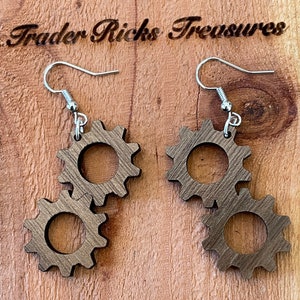 GearRings LASER WALNUT - Gear shaped earrings, wood earrings, laser