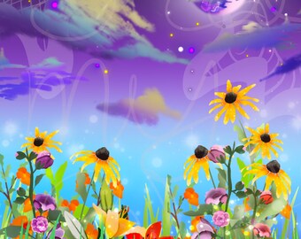 Fondo de pantalla digital de Susan de ojos negros: Diseño floral iluminado por la luna (PDF y JPG)