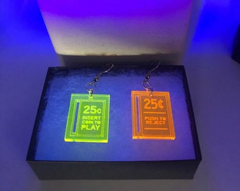 Earrings- 80s/90s video games: 25c; Insert Coin to Play; Push to Reject; coin slots; Arcade; Party! Black Light. EDM. Many colors!