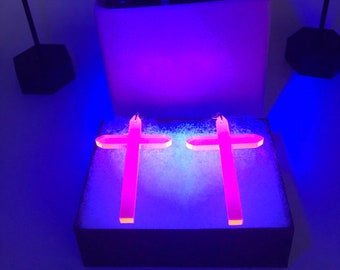 Earrings & Chains- Fluorescent Cross: Jesus; Bible; Christian; Catholic; Religion; God; necklace; music; trance; Party! Black Light. EDM