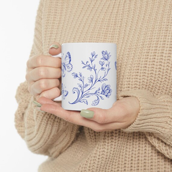 Floral Butterfly Ceramic Mug, Butterfly Coffee Cup, Garden-Themed Drinkware, Tea Lover Gift, Nature-Inspired Mug