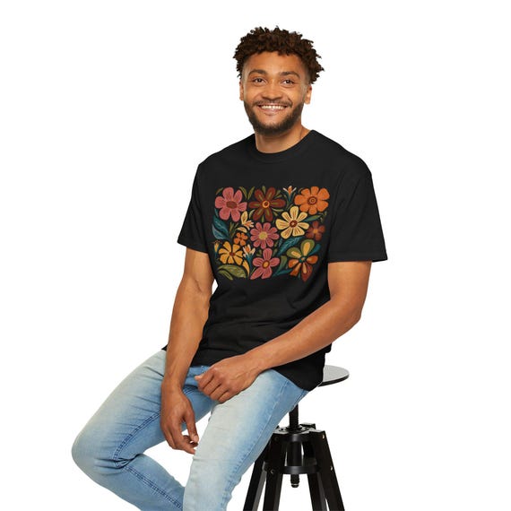 Vintage Floral Unisex Garment-Dyed T-shirt, Natural Lover Gift, Botanical Print Tee, Retro Flower Shirt, Boho Style Top