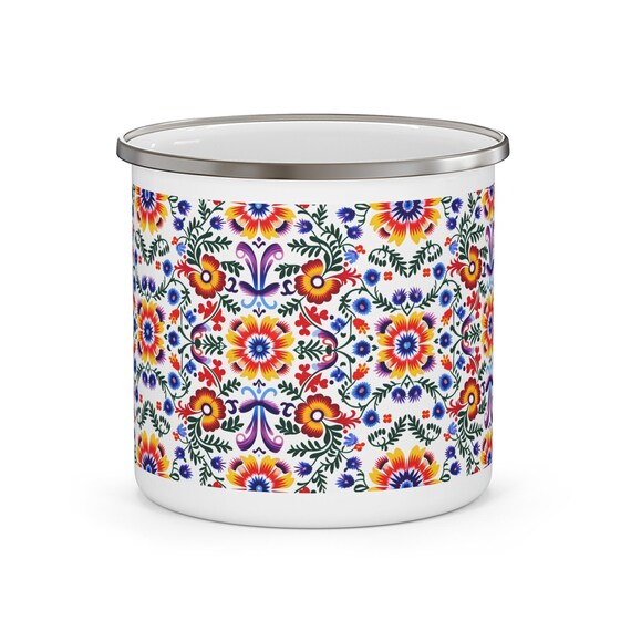 Mexican Color Floral Enamel Camping Mug - Cultural Campfire Coffee Cup, Outdoor Adventure Tea Cup, Rustic Traveler Gift, Boho Camp Kitchen