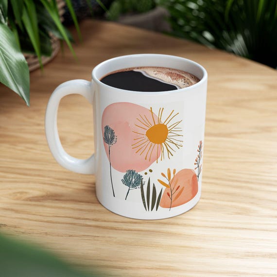 Bohemian Floral Ceramic Mug, Chic Coffee Home Decor Cup, Tee Love, Gift Idea for Coffee Lovers, Flower Pattern Tea Mug, Kitchen Accessories,