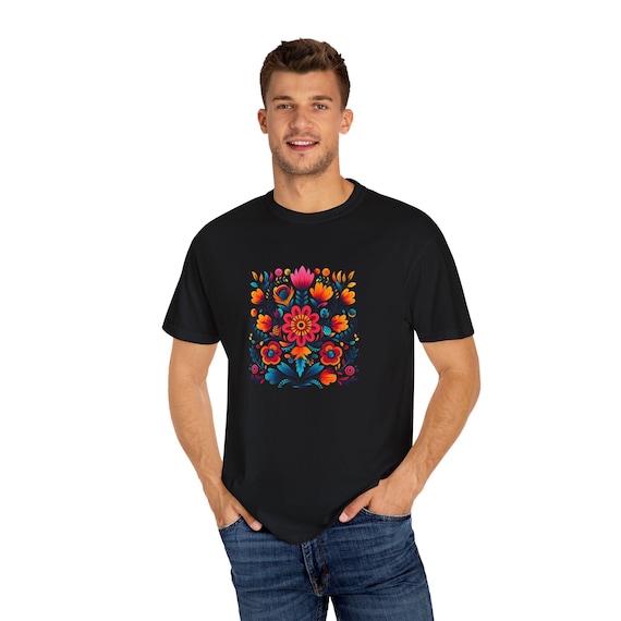 Mexican Art Floral Unisex Garment-Dyed T-shirt, Bohemian Style Summer Top, Festival Tee, Hippie Shirt, Ethnic Flower Print, Vacation Wear