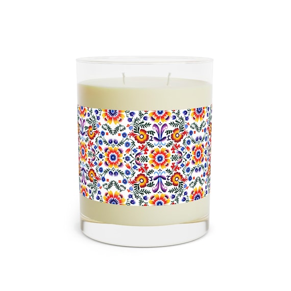Candle - Mexican Cultural Logo, Boho Design, Vibrant Color, 11oz Glass Jar, Scented Candle, Home Decor, Gift for Her, Handmade Candle