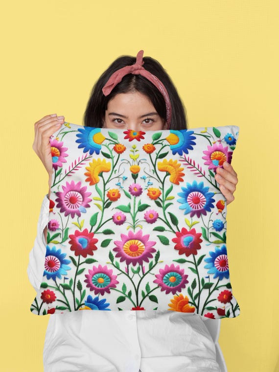 Bohemian Flower Pillow, Mexican Colorful Cushion Cover, Summer Decor, Southwestern Square Throw Pillow, Ethnic Boho Pillow Case