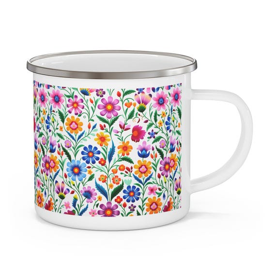 Floral Enamel Camping Mug - Colorful Floral Design for Nature Lovers, Outdoor Adventure, Camping, Hiking, Home Decor