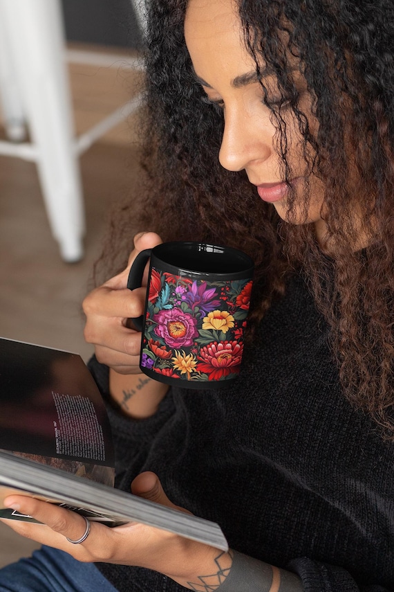 Vibrant Floral Black Mug - Perfect Gift for Flower Lovers, Coffee Drinkers, Home Decor, Mothers Day, Birthday, or any Occasion