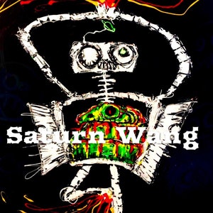 Op de afbeelding: Een zwart-wit skeletfiguur met een groen en rood hart, omringd door gele en rode lijnen. De tekst "Saturn Wang" staat in witte letters onderaan de afbeelding.