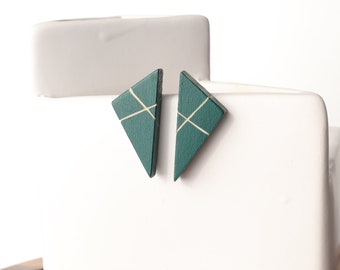 Fall Triangle Stud Earrings with Carved Detail, Hand Carved and Hand Painted, size Small