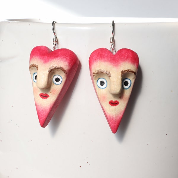 Heart Wooden Earrings, Hand Carved and Hand Painted