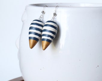 Stripey Tear Drop Wooden Earrings, Lathe Turned and Hand Painted