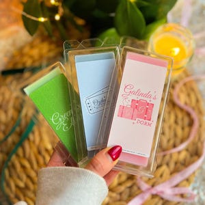 May include: A hand holds three rectangular wax melt packages in clear plastic. The packages are green, light blue, and pink, with text that reads "Green Elixir", "Ordus", and "Galinda's Dorm". The background includes a woven basket and greenery.