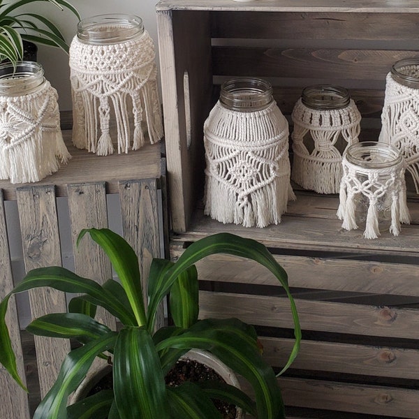 Macrame Jar Candle holders / Mason jar candle holder / handmade candle holder / boho home decor/ wedding centerpiece / rustic / bohemian dec