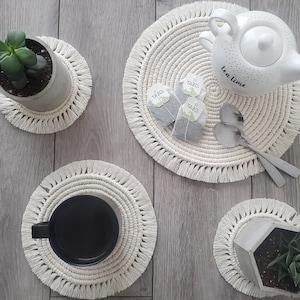 Macrame Coasters Set / Macrame Placemat Plant Mat Set / Round Coaster Coffee Table Decor / Boho Fringe Home Decor / Spiral Coaster