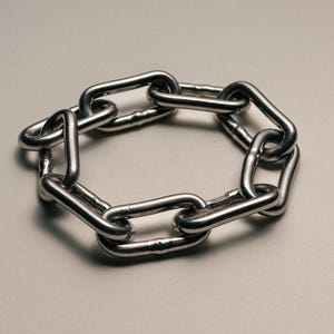 Puede incluir: Una pulsera de cadena plateada compuesta por eslabones ovalados entrelazados. La pulsera está hecha de un metal brillante y se muestra sobre un fondo neutro. Los eslabones están espaciados uniformemente, creando una forma circular.