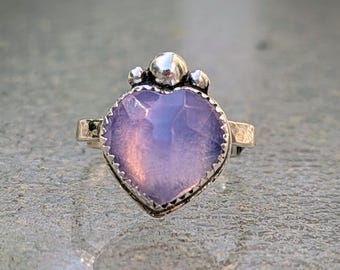 Lavender Quartz Heart Ring: Handmade Sterling Silver, Ergonomic Square Shank, US Size 7.5
