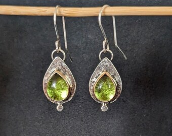 Fairy Queen -Peridot Sterling Silver and Gold Filled  Boho Earrings, Made to Order Green Gemstone Oriental Small Dangle Reticulated Earrings