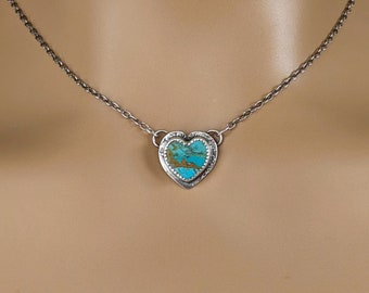 Dainty sterling silver turquoise heart choker, Reticulated boho turquoise heart necklace