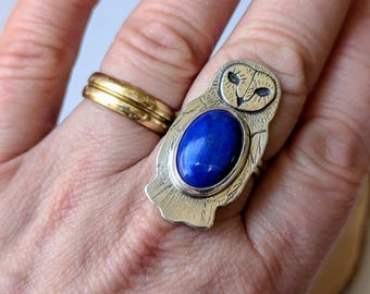 Handmade Sterling Silver Barn Owl Ring: Blue Lapis Lazuli Statement Jewelry, US Size 8.6