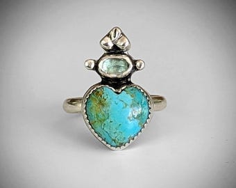Turquoise Sacred Heart Ring: Sterling Silver Apatite Handmade Size 7.25