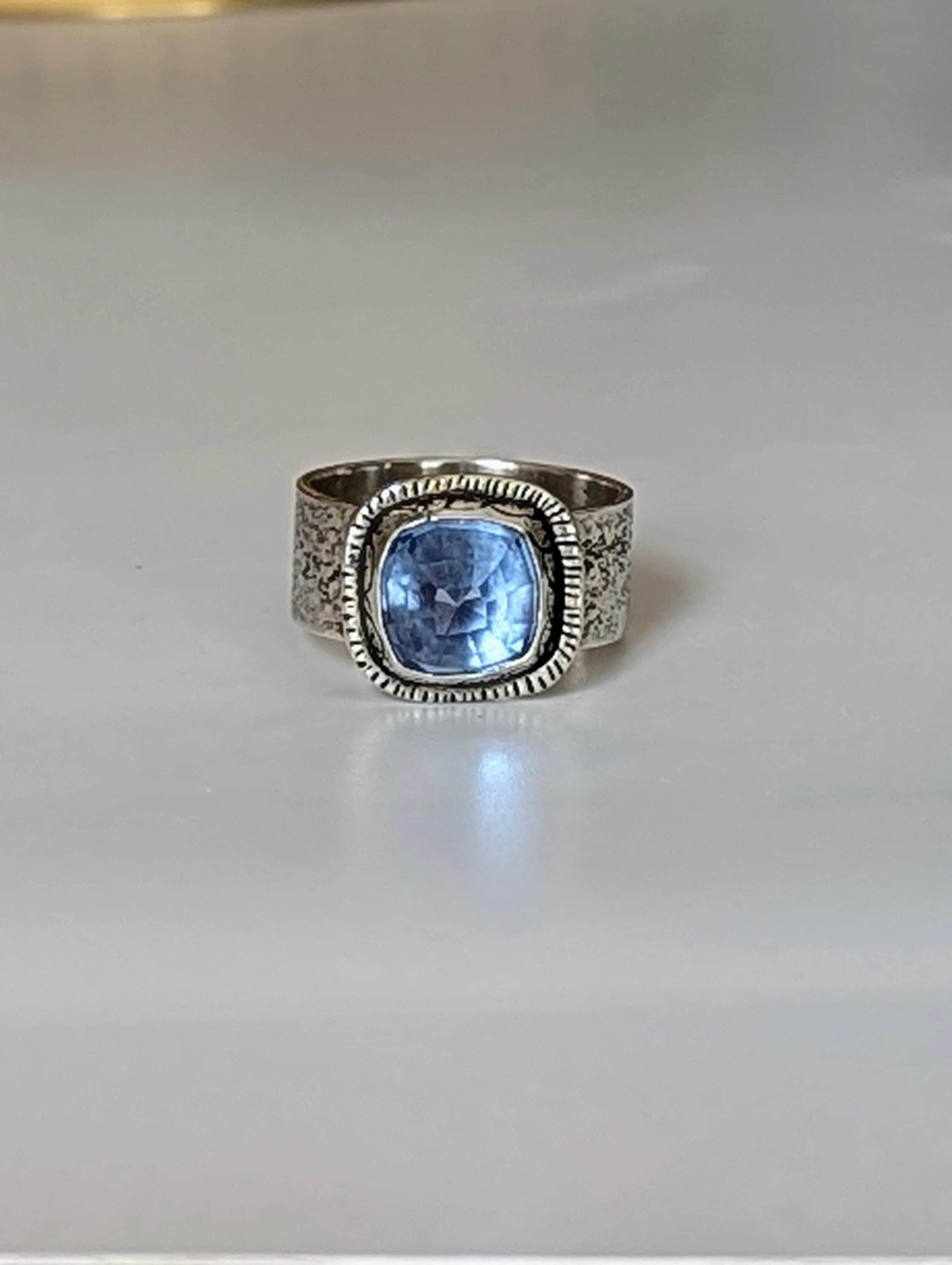 Rustic Blue Spinel Ring: Wide Band Sterling Silver, US Size 6.75