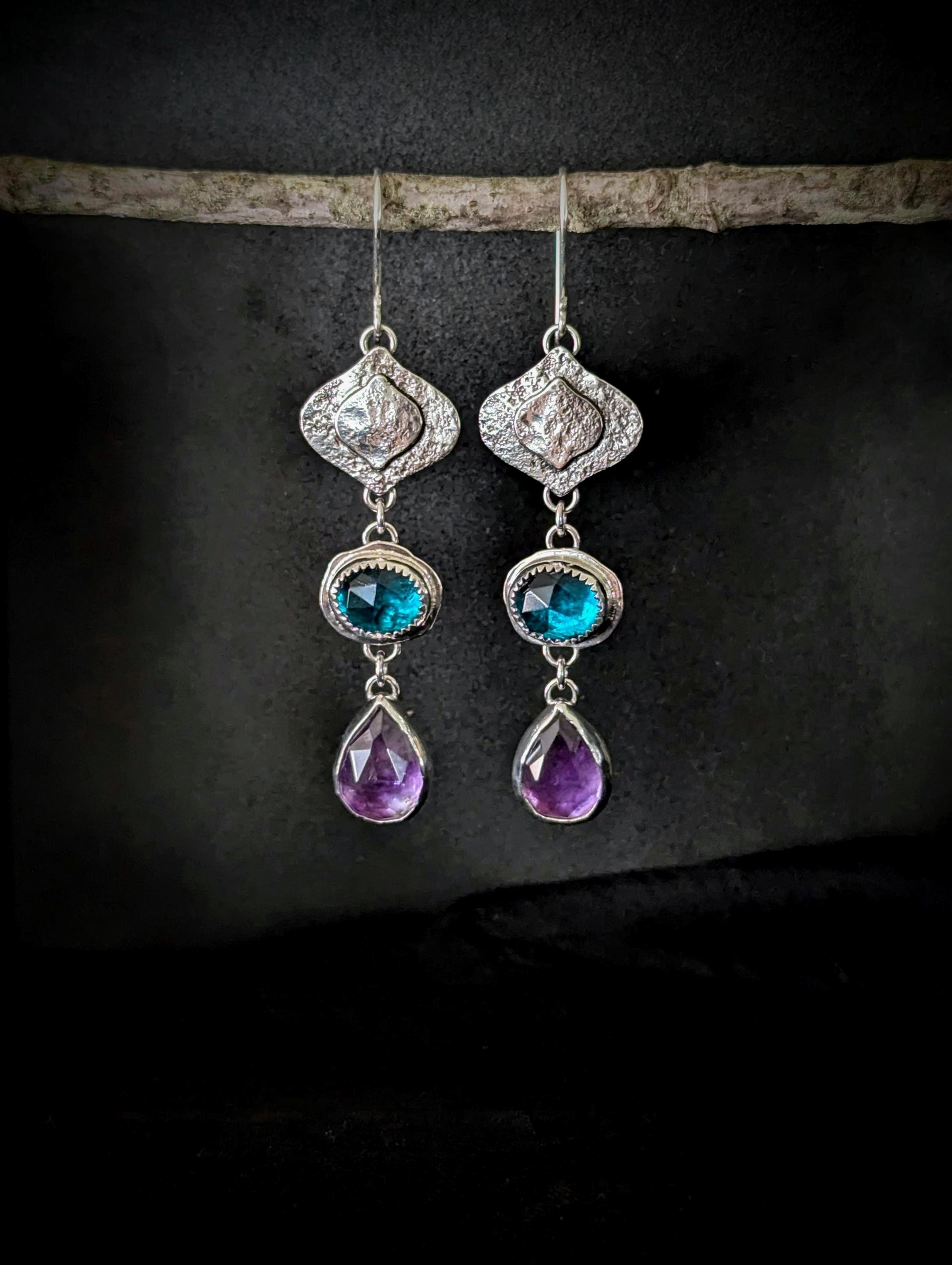 Sterling Silver Amethyst Paraiba Quartz Earrings: Handmade Boho Dangle