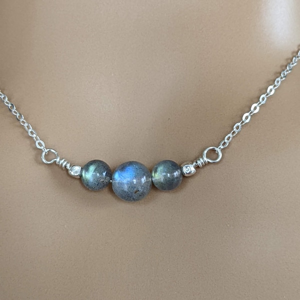 Sterling Silver Labradorite Necklace, Minimalist Choker, 3 Bead Labradorite Necklace