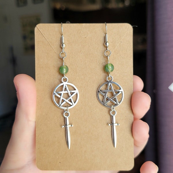 Goth Witchy Pentagram Dagger Dangle Chain Link Earrings