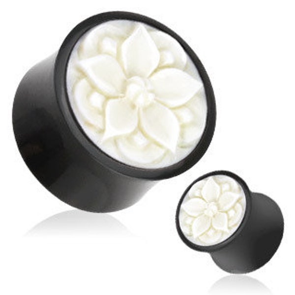 Pair of Frasera Flower White Hand Carved bone Inlay Organic Buffalo Horn Saddle Fit Plugs (Buy 2 Pairs, Get 1 Pair Free!)