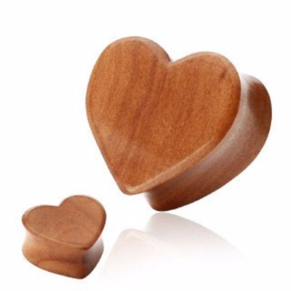 Pair of Heart Shape Organic Red Cherry Wood Double Flared Plugs (Buy 2 Pairs, Get 1 Pair Free!) , 0g, 00g, 1/2, 9/16, 5/8, 3/4, 7/8, 1inch